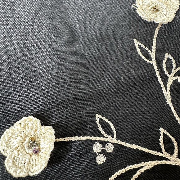 Vintage Kenar Maxi Dress Sz 10 Linen Blend Black Floral Embroidered Hem Fall - Picture 13 of 16